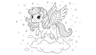 Een schattige gevleugelde pony met grote ogen en krullende manen staat op een grote wolk, met kleine sterretjes en stipjes eromheen. Zwart-wit lijntekening voor kleurplaat.