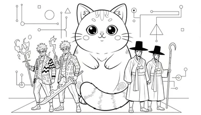 Kleurplaat met een grote schattige kat in het midden, twee krijgers aan de linkerkant met vlammenstaf en zwaard, en twee Koreaanse mannen in traditionele kleding aan de rechterkant. De achtergrond is gevuld met abstracte geometrische vormen.