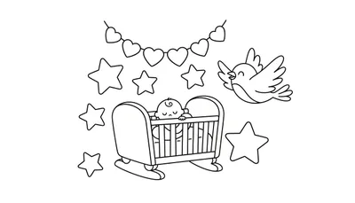 Kleurplaat van een slapende baby in een schommelwieg met een slinger van hartjes en sterren erboven. Een zingende vogel vliegt rechtsboven.