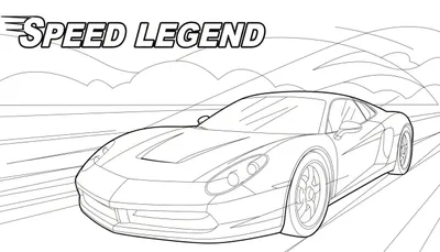 Zwart-wit kleurplaat van een sportwagen die met hoge snelheid over een abstracte weg rijdt, met de tekst 'SPEED LEGEND' erboven.