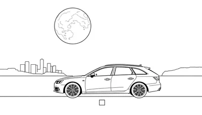 Kleurplaat van een stationwagon met stad op de achtergrond en maan.