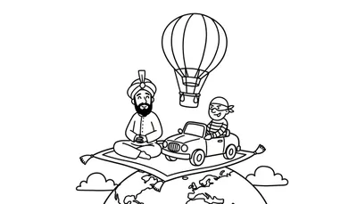 Zwart-wit tekening van een vliegend tapijt met een man met tulband en een piraat in een cabriolet, onder een grote heteluchtballon, zwevend boven wolken en de aarde.