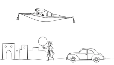 Zwart-wit kleurplaat met een vrouw op een vliegend tapijt boven een Midden-Oosters dorp, een jongen met ballon en een Volkswagen Kever.