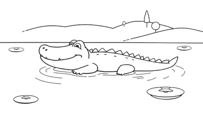 Een zwart-wit illustratie van een lachende krokodil die half in het water ligt, met golven. Op de achtergrond glooiende heuvels met drie bomen. Vier ronde schijven drijven in het water. De tekening is bedoeld om in te kleuren.