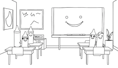 Kleurplaat van een vrolijk klaslokaal met lachende waskrijtjes aan schoolbankjes, een groot schoolbord met een smiley en een kamerplant.