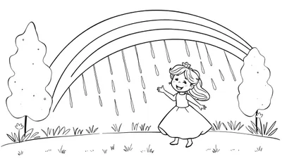 Zwart-wit tekening van een blij prinsesje met lang haar en een jurk, die met haar hand naar de regenboog reikt. Er regent, en er staan bomen en bloemen.