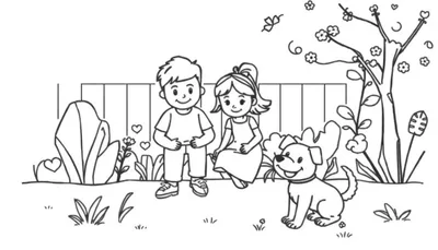 Zwart-wit kleurplaat van een vrolijke scène buiten met een jongen, meisje, hond, bloemen en vlinders.