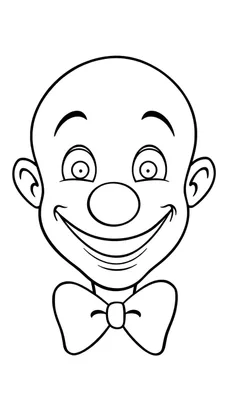 Kleurplaat van een vrolijk lachende clown met kale hoofd, grote ogen, ronde neus en strikje.