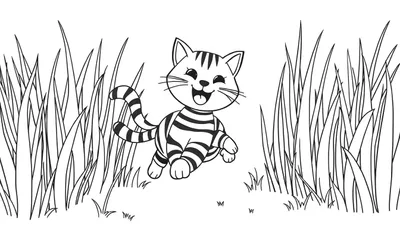 Zwart-wit lijntekening van een lachende, gestreepte kat die door hoog gras springt.