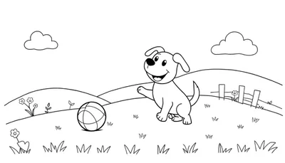 Zwart-wit tekening van een blije hond die met zijn poot omhoog een bal uitnodigt tot spelen, in een landschap met gras, bloemen en heuvels.