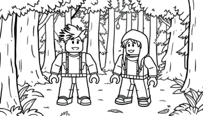 Kleurplaat van een jongen en een meisje in Lego-stijl die lachend in een bos staan. Ze dragen rugzakken en om hen heen staan hoge bomen.