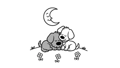 Kleurplaat van Woezel (grijs) en Pip (wit, alleen omtrek) die knuffelend slapen onder een halve maan met een gezichtje en gesloten ogen, met drie kleine bloemen op de grond.