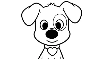 Kleurplaat van een vrolijk Woezel en Pip hondje met grote ogen, een vlek rond het linkeroog, een halsband en een hartvormige hanger.