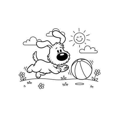 Kleurplaat van Woezel, de vrolijke hond, die rent naar een gestreepte strandbal onder een lachende zon in een grasveld met bloemen.
