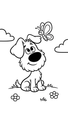 Woezel en Pip kleurplaat: Vrolijk hondje Woezel zit in het gras met een lachende vlinder erboven, omringd door bloemen en wolken.