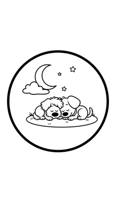 Zwart-witte lijntekening van Woezel en Pip, twee slapende hondjes dicht tegen elkaar aan op de grond, onder een maansikkel, wolk en twee sterren in een cirkelvormige omkadering.