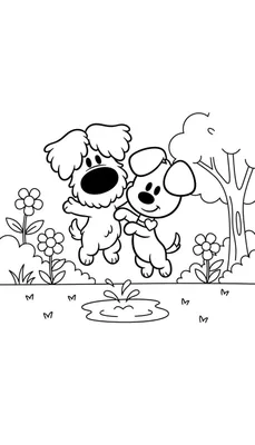 Kleurplaat van Woezel en Pip, twee vrolijke cartoonhonden, spelend in een tuin bij een plas water met opspattende druppels, bloemen en een boom.