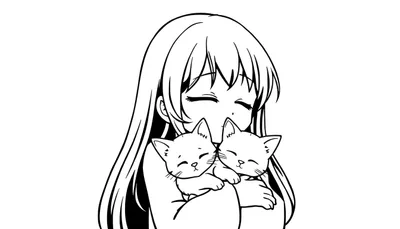 Kleurplaat van een anime meisje met lang haar en gesloten ogen die twee slapende kittens vasthoudt. Ze glimlacht tevreden.