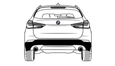 Lijntekening van de achterkant van een BMW SUV met details zoals achterlichten, dakrails en dubbele uitlaat.