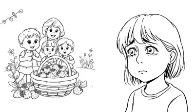 Lijntekening kleurplaat met twee scènes: links een lachende vrouw en kinderen met een mand vol aardbeien, rechts een bezorgd kijkend meisje met kort haar.