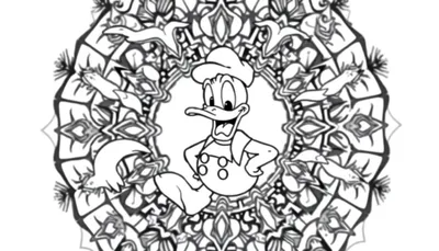 Zwart-wit lijntekening van Donald Duck die danst, omringd door een gedetailleerde mandala, klaar om ingekleurd te worden.
