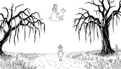 Zwart-wit kleurplaat met een meisje dat een hond aait terwijl ze zweven tussen kale bomen met lianen. Beneden staat een ander meisje op een bloemenpad. Sprookjesachtige, dromerige illustratie.