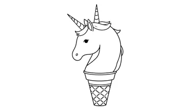Zwart-wit lijntekening van een eenhoorn met twee hoorns, een vriendelijk gezicht en manen, waarvan de kop en nek uit een wafelpatroon ijshoorntje komen.