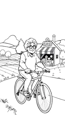 Kleurplaat van een lachende oudere vrouw met bril en krullend haar die op een fiets rijdt, met op de achtergrond een landschap en rechts een ijssalon met uithangbord 'IC CREAM PAARLLOR'.