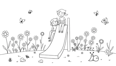Zwart-wit lijntekening van twee blije meisjes op een glijbaan in een bloemrijk veld, met vlinders, bijen, slakken en een lieveheersbeestje.