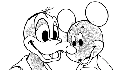 Een zwart-wit lijntekening van Goofy en Mickey Mouse, die elkaar vrolijk aankijken. Delen van hun lichamen zijn gevuld met ingewikkelde mandala-patronen.