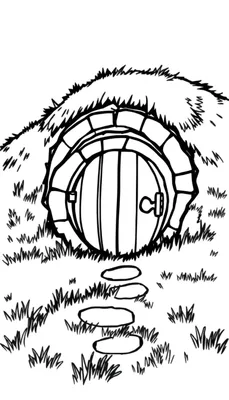 Zwart-wit lijntekening van een hobbitwoning in een grasrijke heuvel met een ronde deur en een pad van stapstenen.