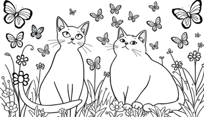 Kleurplaat van twee vriendelijke katten die in een bloemrijk veld zitten, omringd door veel vlinders van verschillende groottes.
