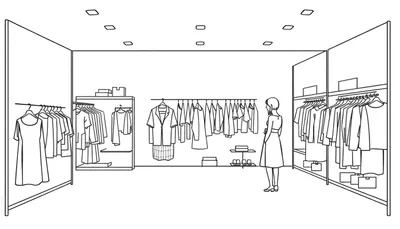 Zwart-wit lijntekening van een kledingwinkel interieur met kledingrekken, displays en een vrouw die kleding uitzoekt.