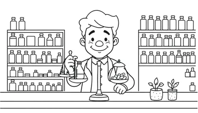 Zwart-wit lijntekening van een glimlachende apotheker die een balansweegschaal vasthoudt in een klassieke apotheek. Achter hem staan schappen gevuld met medicijnflesjes.