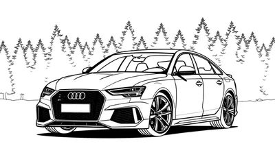 Kleurplaat van een sportieve Audi sedan met vier ringen logo, zichtbaar interieur, omringd door een landschap van bomen en heuvels.