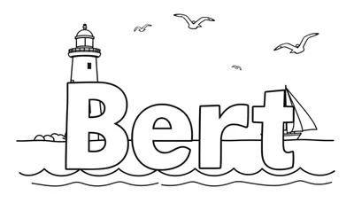 Kleurplaat van de naam Bert met een vuurtoren, zeilboot, golven en meeuwen.
