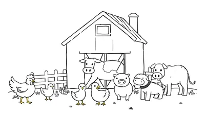 Zwart-wit lijntekening van een boerderijtafereel met schuur, hek, kip, kuikentjes, eend, koeien, varken en hond.
