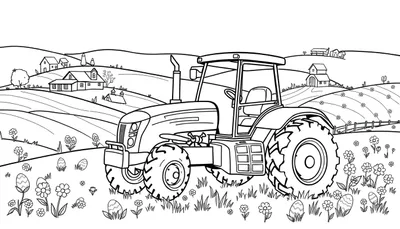 Kleurplaat met een grote trekker in een lenteachtig boerderijlandschap, omringd door bloemen, paaseieren en boerderijen op heuvels.
