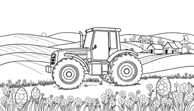 Kleurplaat van een boerderijlandschap met een tractor en paaseieren.