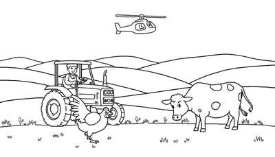 Kleurplaat van een boerderij met een tractor, kip, koe, helikopter en heuvels.