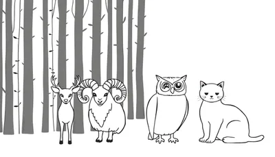 Zwart-wit illustratie van een bos met gestileerde bomen, en op de voorgrond een hert, een ram, een uil en een kat om in te kleuren.