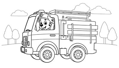 Kleurplaat van een blije dalmatiër hond met brandweerhelm die zwaait vanuit een brandweerwagen.