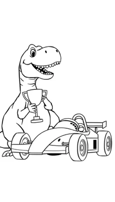 Kleurplaat van een lachende dinosaurus met een trofee naast een racewagen.