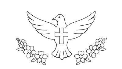 Zwart-witte kleurplaat van een duif met gespreide vleugels en een kruis op de borst, omringd door bloemen en bladeren.