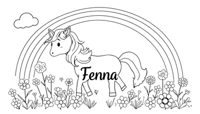 Zwart-wit tekening van een eenhoorn genaamd Fenna met een regenboog en bloemen, klaar om ingekleurd te worden.