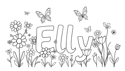 Kleurplaat van de naam ELLY met bloemen en vlinders.