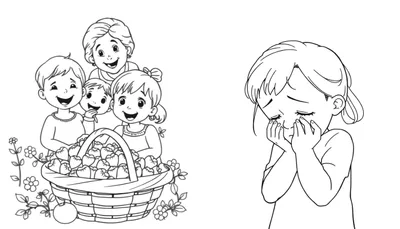 Kleurplaat met aan de linkerkant een lachende familie met een mand vol fruit en bloemen, en aan de rechterkant een verdrietig huilend meisje.