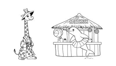 Kleurplaat van een giraf met safarihoed en rugzak naast een strandbar waar een dolfijn met een tutu achter de toonbank staat. Er is een volleybal, cadeautje en discoballen.