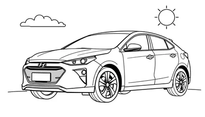 Zwart-wit lijntekening van een Hyundai hatchback auto als kleurplaat, met een zon en een wolk op de achtergrond.
