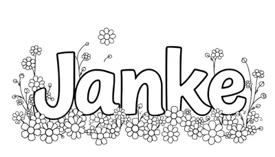 Een zwart-wit lijntekening van de naam Janke, versierd met veel bloemen en bladeren, klaar om ingekleurd te worden.